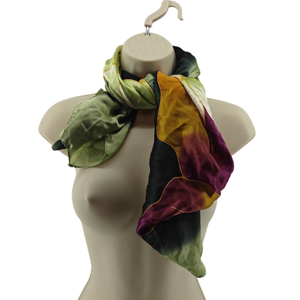 Vintage Silk Scarf Colorful Lotus Watercolor